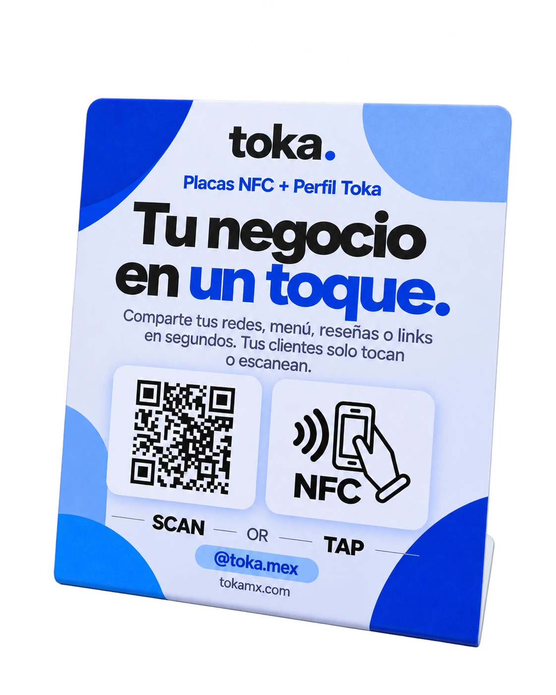 Placa Toka NFC y QR azul y blanca para compartir redes, menú y reseñas
