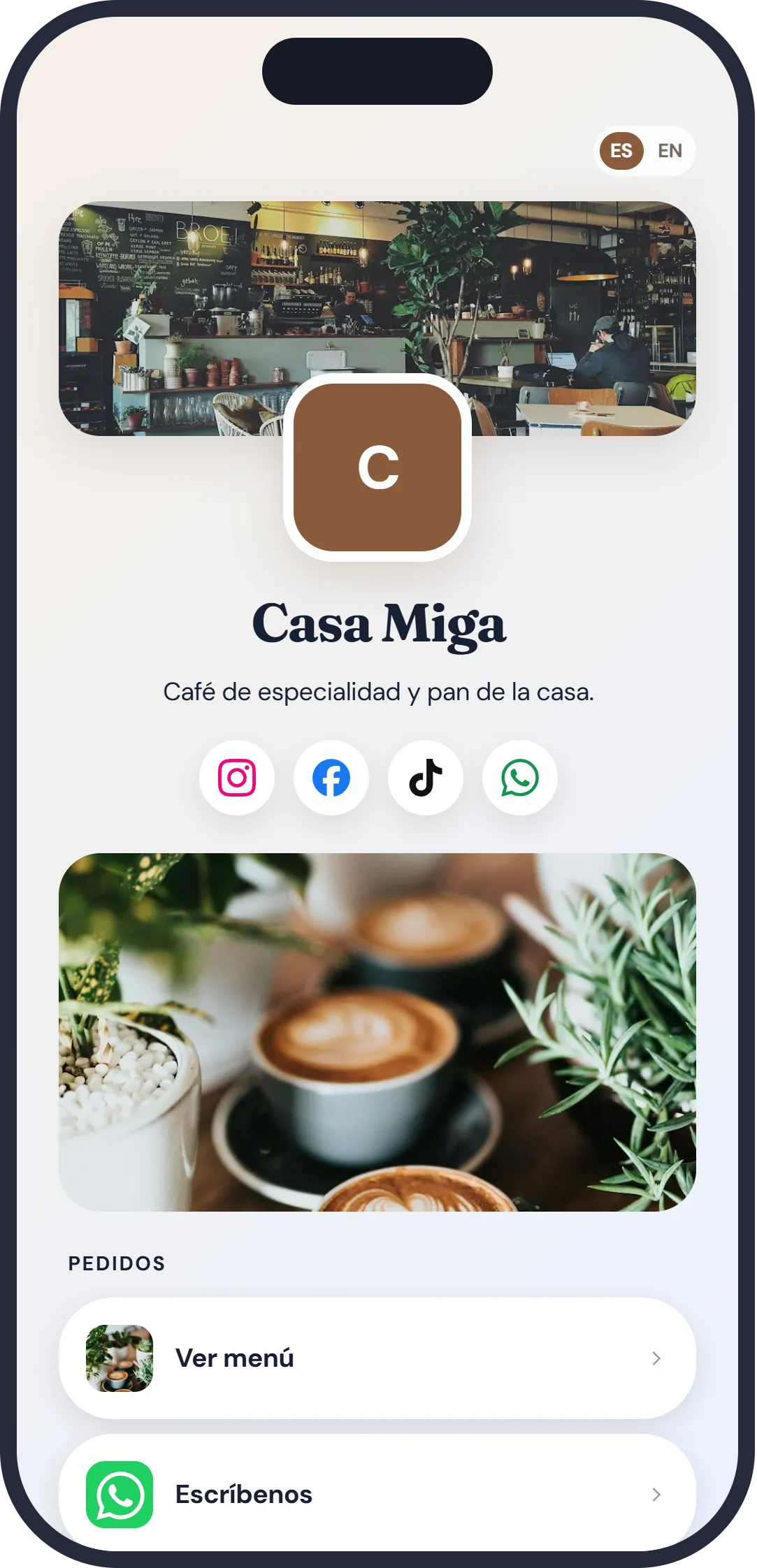 Perfil de Casa Miga: portada, logo, nombre, redes y fotos